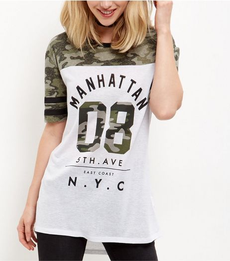 White Camo Colour Block Manhattan Baseball T-Shirt | New Look
