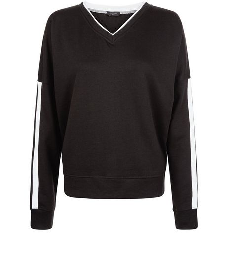 Black V Neck Stripe Sleeve Sweater | New Look