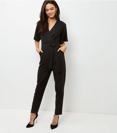 Black Wrap Front Belted Jumpsuit | New Look