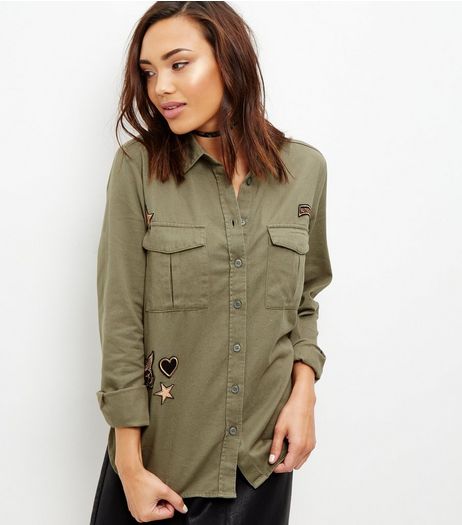 Olive Green Badge Embroidered Military Shirt | New Look