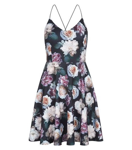 Petite Black Floral Print Skater Dress | New Look