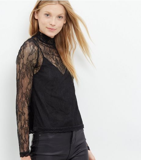 Black Lace Funnel Neck Top | New Look