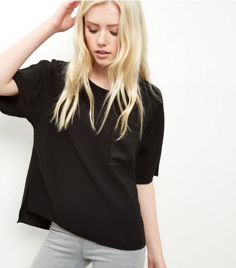 Black Sateen Single Pocket Front T-Shirt | New Look