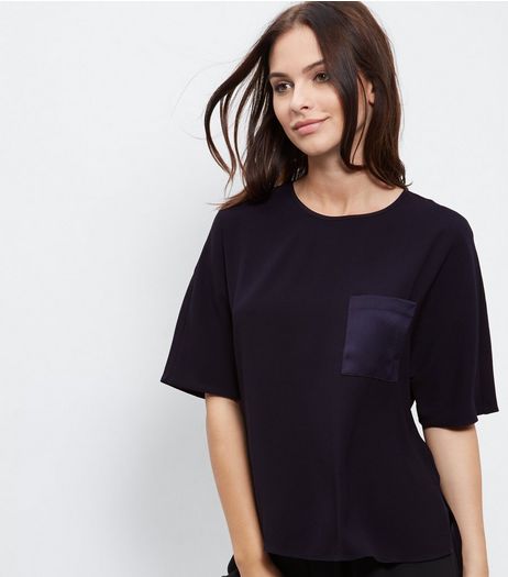 Navy Sateen Single Pocket Front T-Shirt | New Look