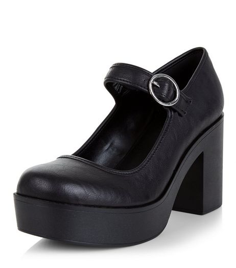 Black Strap Front Platform Block Heels | New Look