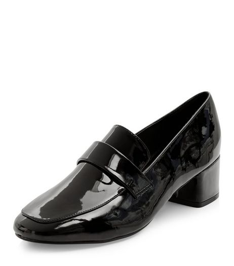Black Patent Block Heel Loafers | New Look