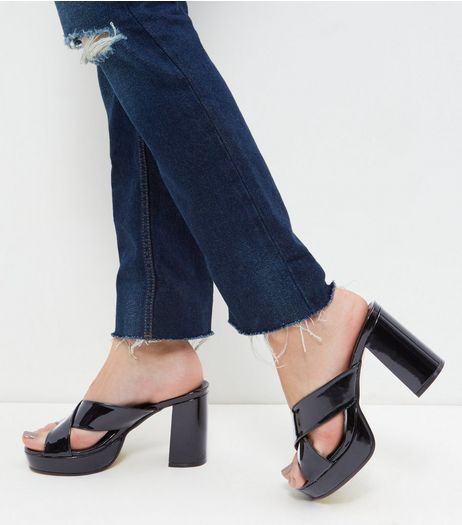 Black Patent Cross Strap Mules | New Look