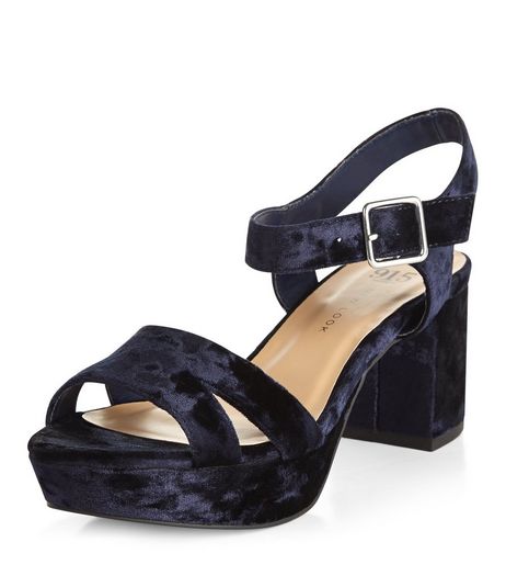 Teens Navy Velvet Ankle Strap Block Heels | New Look