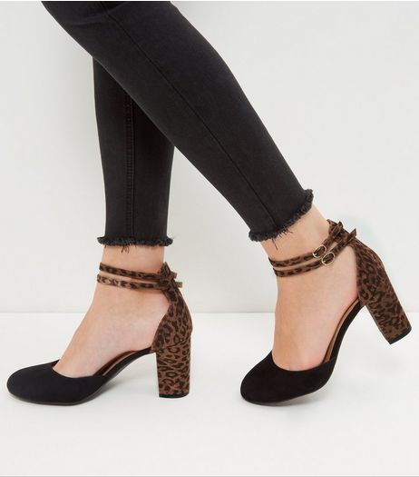 Wide Fit Black Suedette Animal Print Panel Court Shoes | New Look