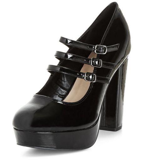 Wide Fit Black Patent Multi Strap Block Heels | New Look