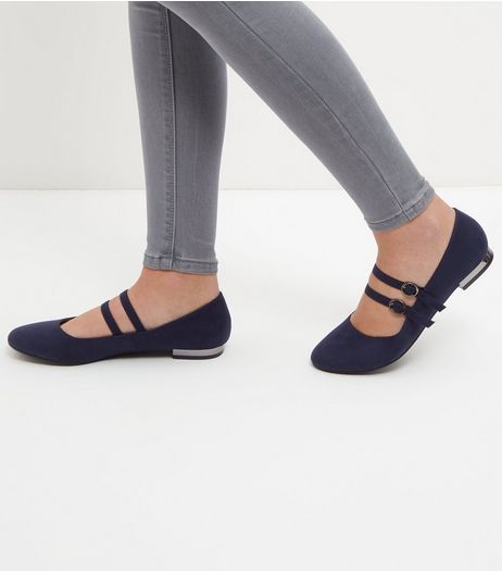 Navy Double Strapy Metal Trim Pumps | New Look