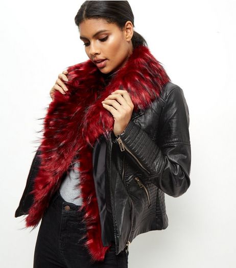 Blue Vanilla Dark Red Faux Fur Trim Leather-Look Jacket | New Look