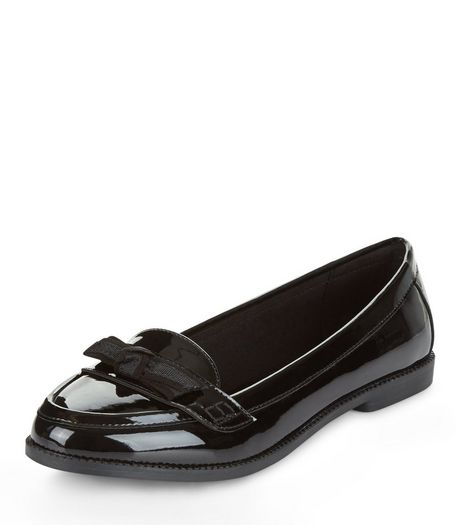 Black Patent Bow Front Loafers | New Look