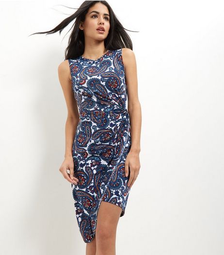 Mela Blue Ruched Side Floral Print Dress | New Look