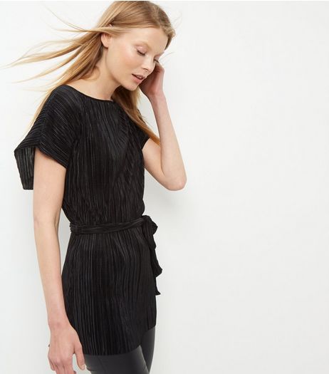 Black Pleated Tie Waist Top | New Look