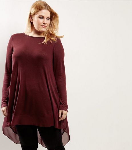 Curves Burgundy Chiffon Trim Longline Top | New Look