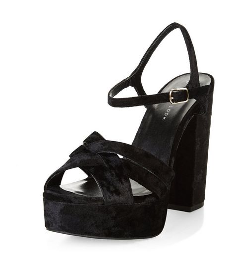 Wide Fit Black Velvet Cross Strap Block Heels | New Look