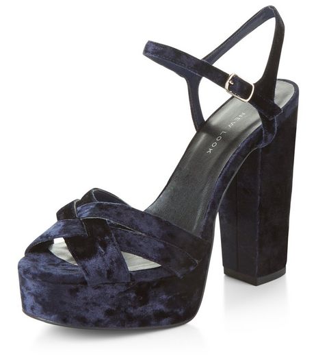 Wide Fit Navy Velvet Cross Strap Block Heels | New Look