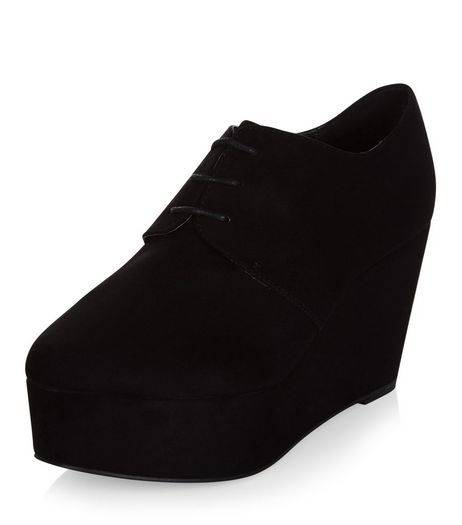 Black Suedette Lace Up Plaform Wedges | New Look