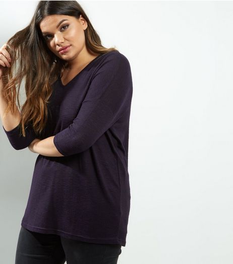 Curves Navy V Neck Brushed Top | New Look