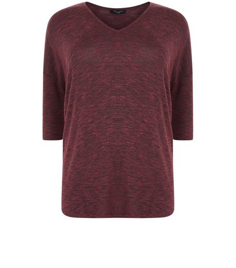 Curves Burgundy V Neck Brushed Top | New Look