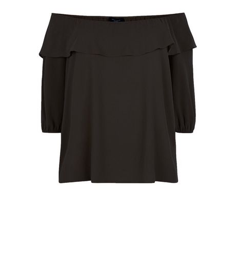 Curves Black Frill Bardot Neck Top | New Look
