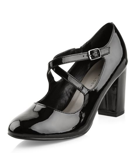 Wide Fit Black Patent Cross Strap Block Heels | New Look