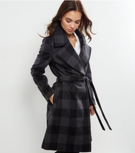 Black Check Print Front Wrap Maxi Coat | New Look