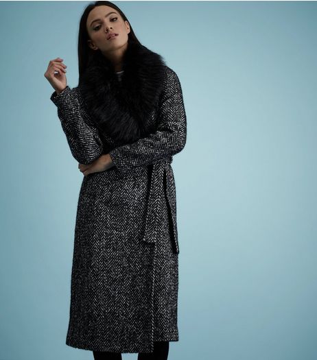 Black Faux Fur Collar Belted Longline Coat | New Look