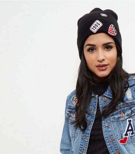 Black 1996 Heart Badge Beanie Hat | New Look