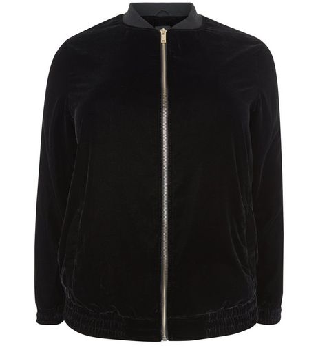 Curves Black Velvet Bomber Jacket | New Look