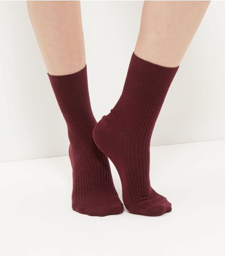 Burgundy Ribbed Socks | New Look