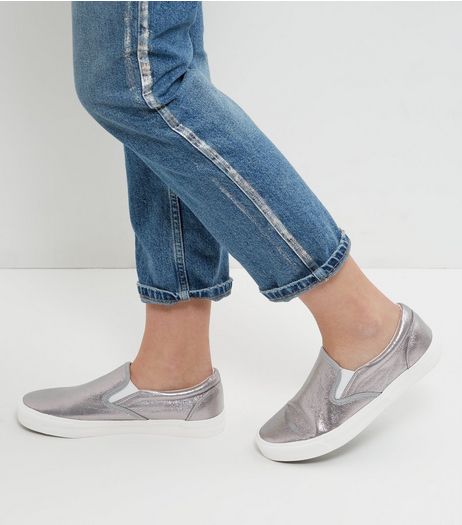 Pewter Shimmer Slip On Plimsolls | New Look