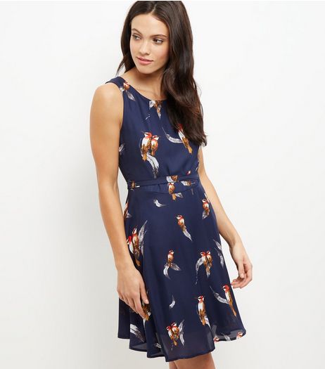 Mela Blue Feather and Bird Print Dress | New Look