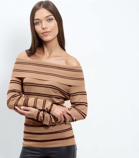 Blue Vanilla Camel Stripe Bardot Neck Jumper | New Look