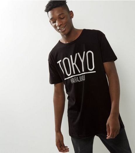 Black Tokyo Print Longline T-Shirt | New Look