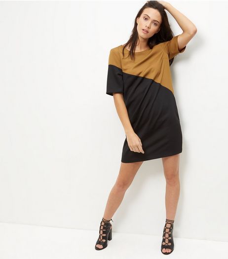 Black Colour Block Satin Tunic Dress | New Look