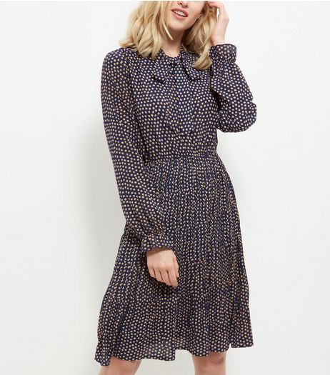 Mela Navy Spot Print Pussybow Dress | New Look