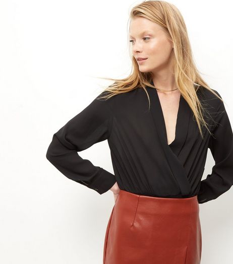 Black Wrap Long Sleeve Bodysuit | New Look