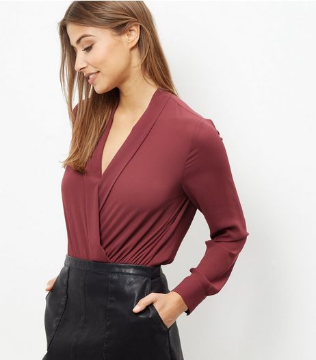 Burgundy Wrap Long Sleeve Bodysuit | New Look