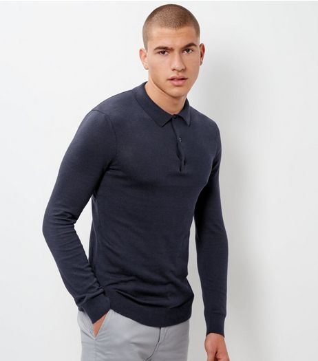Navy Long Sleeve Knit Polo | New Look