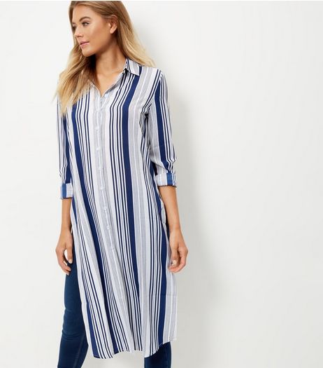 Blue Stripe Split Side Longline Shirt | New Look