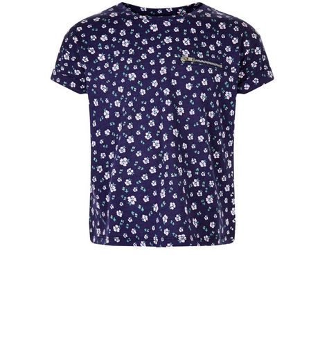 Girls Blue Ditsy Floral Zip Pocket T-Shirt | New Look