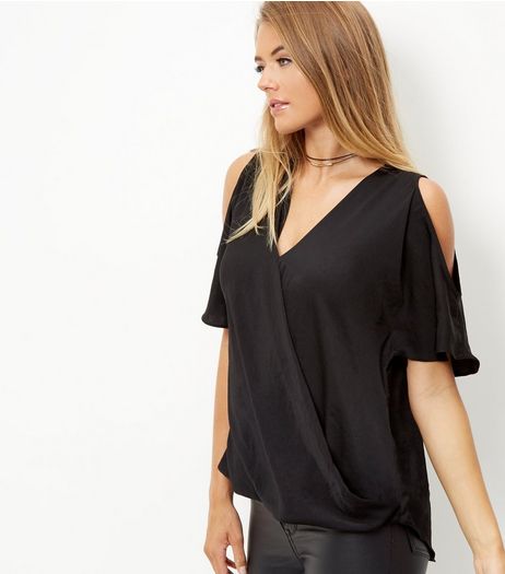 Black Sateen Wrap Front Cold Shoulder Top | New Look