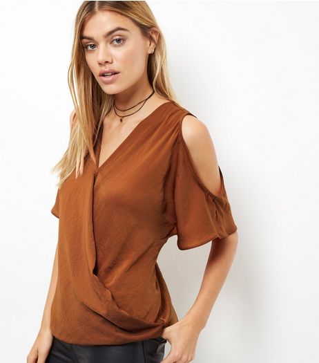 Rust Sateen Wrap Front Cold Shoulder Top | New Look