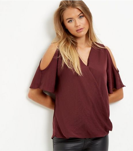 Burgundy Sateen Wrap Front Cold Shoulder Top | New Look