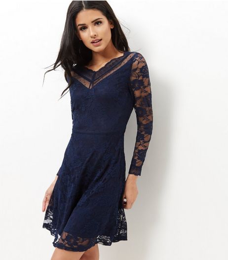 Mela Navy Lace V Neck Long Sleeve Dress | New Look