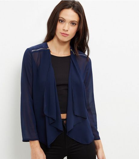 Mela Navy Zip Shoulder Waterfall Jacket | New Look