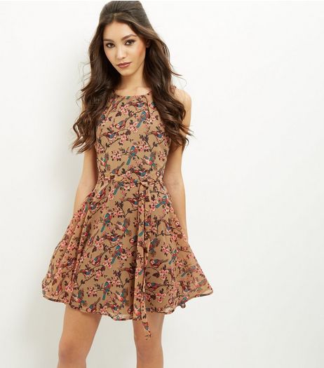 Mela Brown Bird Print Skater Dress | New Look