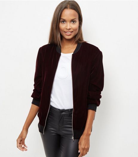 Burgundy Velvet Bomber Jacket | New Look